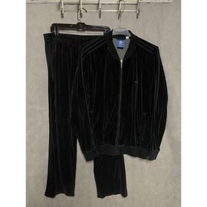 Adidas Track Suit Men XL Black Velour Jacket Pants Set Velvet Retro 3 Stripes